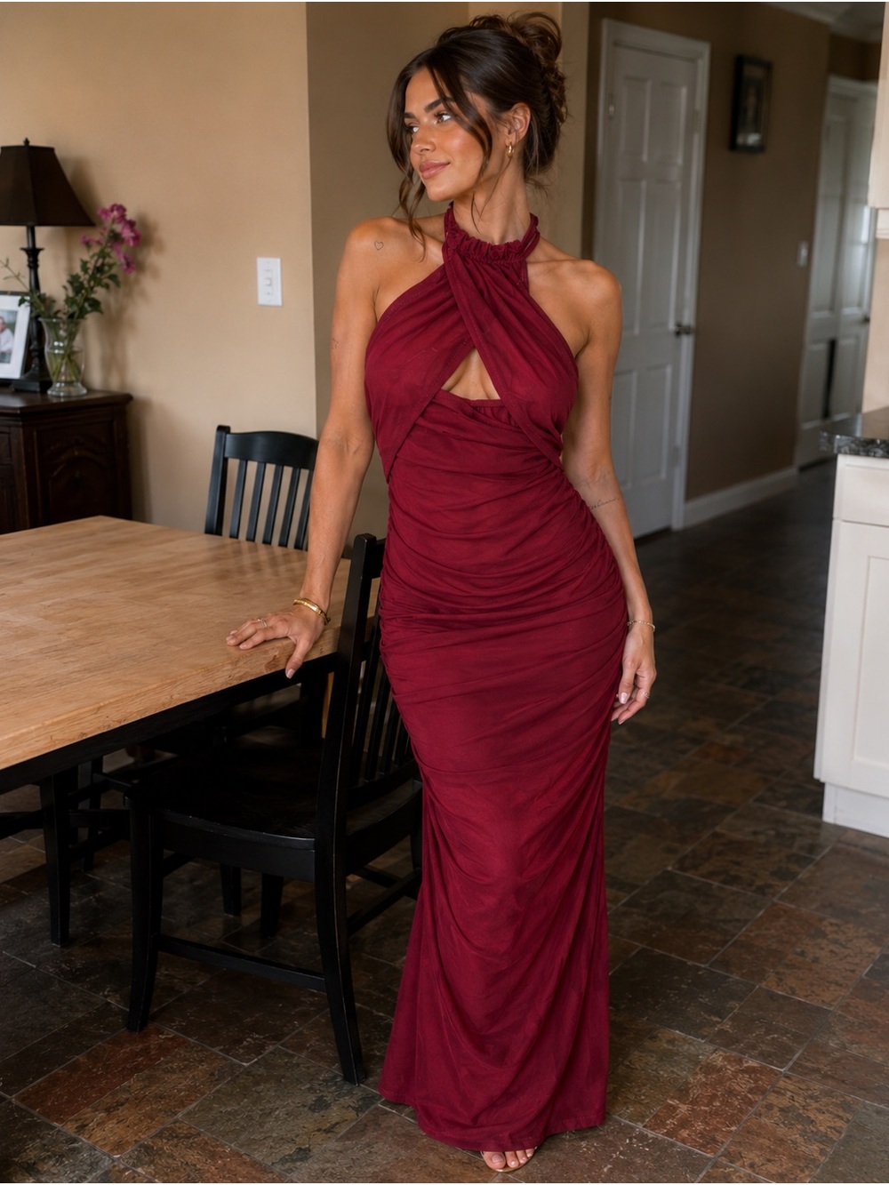 NWT Twist Halter Ruched Maxi Dress in Burgundy